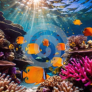 Underwater tropical fish swimming in coral, bright colorful aquarium