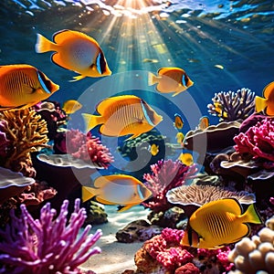 Underwater tropical fish swimming in coral, bright colorful aquarium