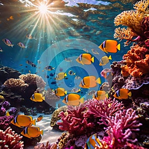 Underwater tropical fish swimming in coral, bright colorful aquarium