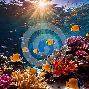 Underwater tropical fish swimming in coral, bright colorful aquarium