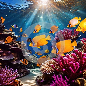 Underwater tropical fish swimming in coral, bright colorful aquarium