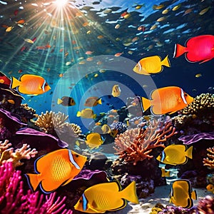 Underwater tropical fish swimming in coral, bright colorful aquarium