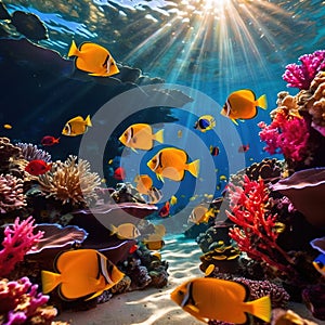 Underwater tropical fish swimming in coral, bright colorful aquarium