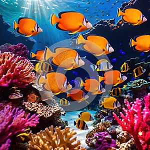 Underwater tropical fish swimming in coral, bright colorful aquarium