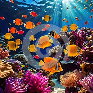 Underwater tropical fish swimming in coral, bright colorful aquarium