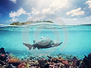 Underwater of tropical ocean. Coral reef and shark