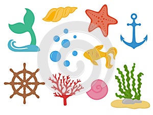 Underwater. Under the sea - mermaid tail, starfish, seashells, gold fish, coral, seaweed, handwheel, anchor, bubbles. Sea life. Ma
