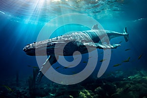 underwater view of a blue whale swimming in the ocean