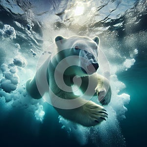 An underwater view captures a polar bear swimming gracefully through icy waters