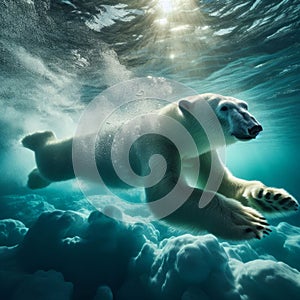 An underwater view captures a polar bear swimming gracefully through icy waters