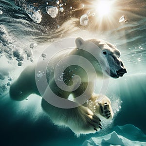 An underwater view captures a polar bear swimming gracefully through icy waters