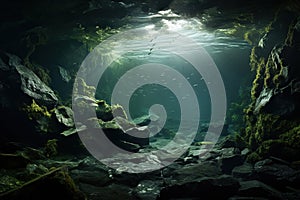 Underwater view of a cave with fish in the water and sunlight. Generative AI