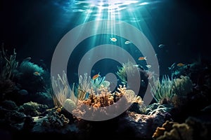 an underwater view of a coral reef with fish and algaes in the water, with sunlight streaming through the water\'s s