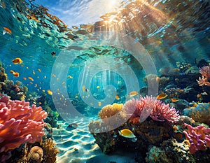 Underwater view of the coral reef with fish and rays of sunlight