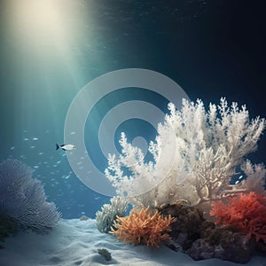 Underwater view of coral reef with fish and sunlight