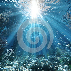 Underwater view of the coral reef with fishes and rays of light