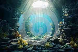 Underwater view of the coral reef with fishes and rays of light. Hyper realistic illustration
