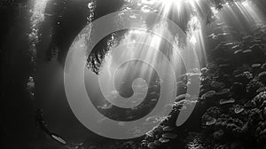 Underwater view of coral reef and scuba diver. Black and white