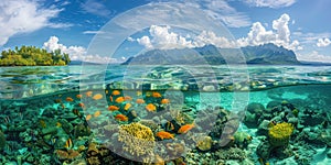 Underwater View of Coral Reef With Small Island