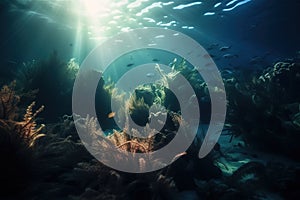 an underwater view of a coral reef with a sunbeam in the background and fish in the foreground, with sunlight streaming through