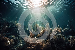 an underwater view of a coral reef with sunlight streaming through the water and fish swimming in the water around it, with