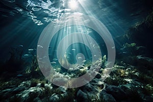 an underwater view of a coral reef with sunlight streaming through the water and fish swimming in the water, with rocks and grass