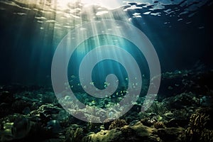 an underwater view of a coral reef with sunlight streaming through the water and fish swimming in the water, with sunlight