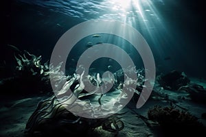 an underwater view of a coral reef with sunlight streaming through the water and fish swimming in the water, with sunlight