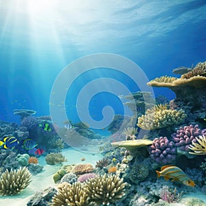 Underwater view of coral reef with tropical fish and sunlight