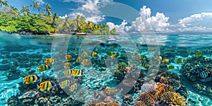 Underwater View of Coral Reef With Tropical Trees