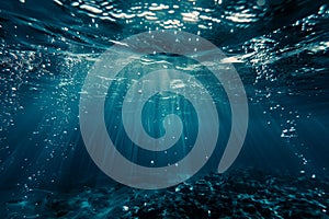 underwater view of dark blue ocean water, under the surface