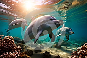 underwater view of a group of gray dolphin sswimming in a caribbean beach at sunset