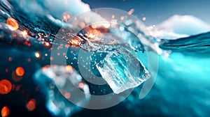 Underwater view of ice cubes with glowing light reflections