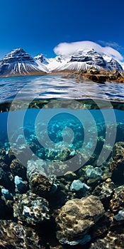 Underwater View Of Icelandic Waterfall: Serene And Hyperrealistic Marine Life