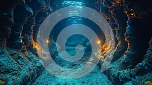 Underwater view of an industrial pipeline system in the ocean showcasing glowing lights and structures photo