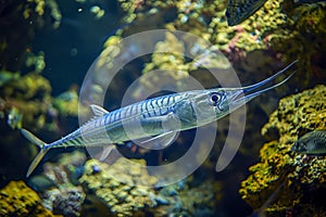 Underwater View of a Long Nosed Gar Fish Swimming in a Freshwater Aquarium with Rocky Background