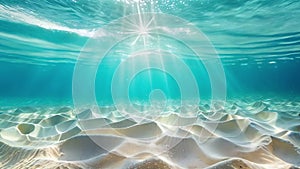 Underwater view of the ocean floor with sunlight filtering through the water, creating patterns on the sand and ripples