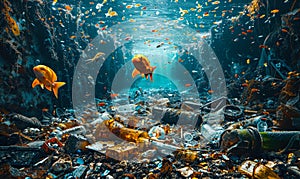 Underwater view of ocean pollution with plastic waste and discarded trash affecting marine life, highlighting the