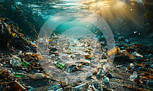 Underwater view of ocean pollution with plastic waste and discarded trash affecting marine life, highlighting the