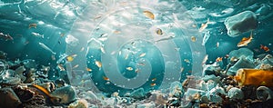 Underwater view of ocean pollution with plastic waste and discarded trash affecting marine life, highlighting the