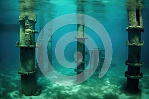 underwater view of oil rig footings and supports