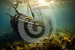 Underwater view of an old sunken ship on the seabed, sunken tall ship, AI Generated