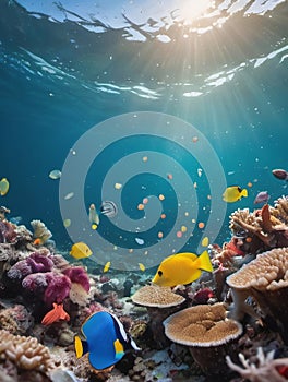 Underwater View Of Plastic Waste On A Coral Reef With Colorful Tropical Fish In The Ocea, Concept Of Microplastic P. Generative AI