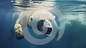 Underwater View of Polar Bear Swimming with Fish