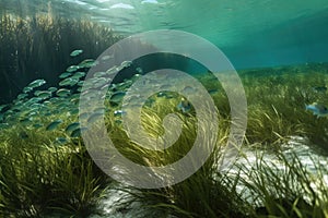underwater view of school of fish swimming among aquatic plants and seagrasses