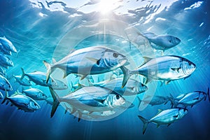 Underwater view of a school of yellowfin trevally fish. A large school of Trevally in a deep blue tropical ocean, AI Generated
