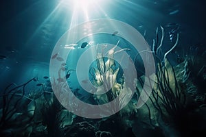 an underwater view of a sea with fish and seaweed in the foreground and sunlight shining through the water\'s surface, with