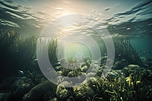 an underwater view of a seaweed patch with sunlight shining through the water\'s water\'s surface, with a few fish sw