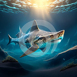 Underwater view of a shark swimming in the ocean. 3D Rendering Generative AI