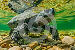 Underwater View of a Single Turtle Swimming Above Rocky Riverbed with Sunlight Filtering Through Water